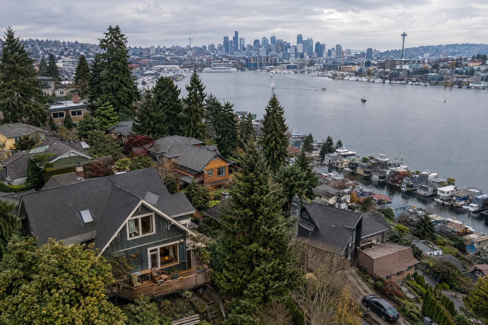 Aerial view of Seattle houses and Lake Union on a clear evening