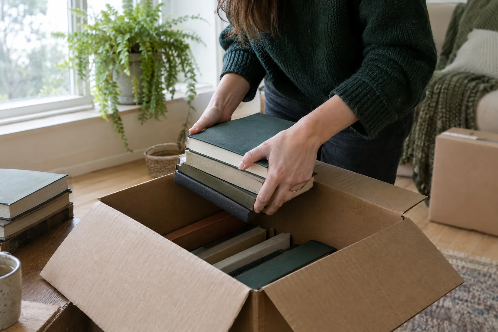 Hands packing books into a cardboard box in a bright, half-emptied room