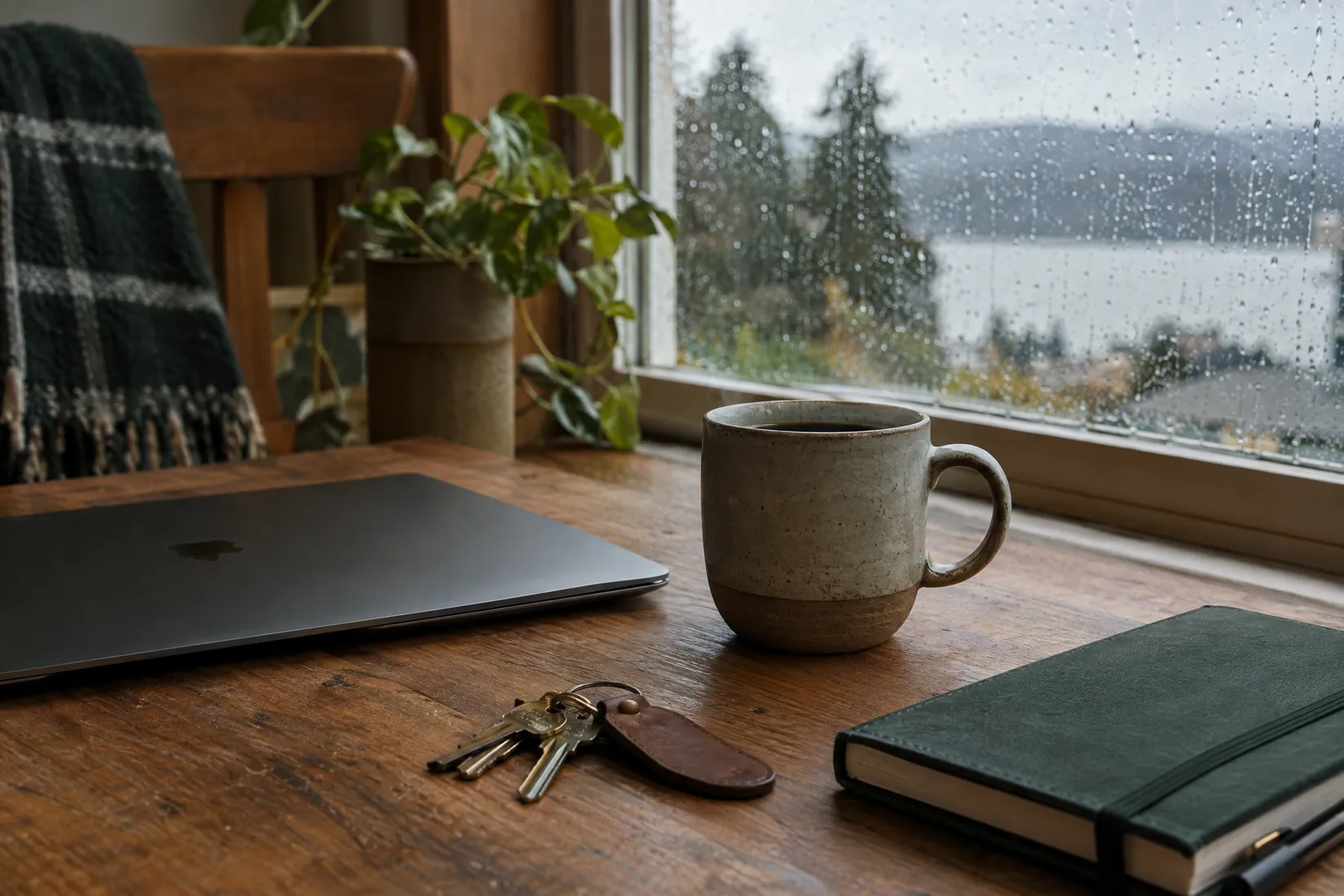 Kitchen table with a laptop, a mug and a set of house keys in morning light