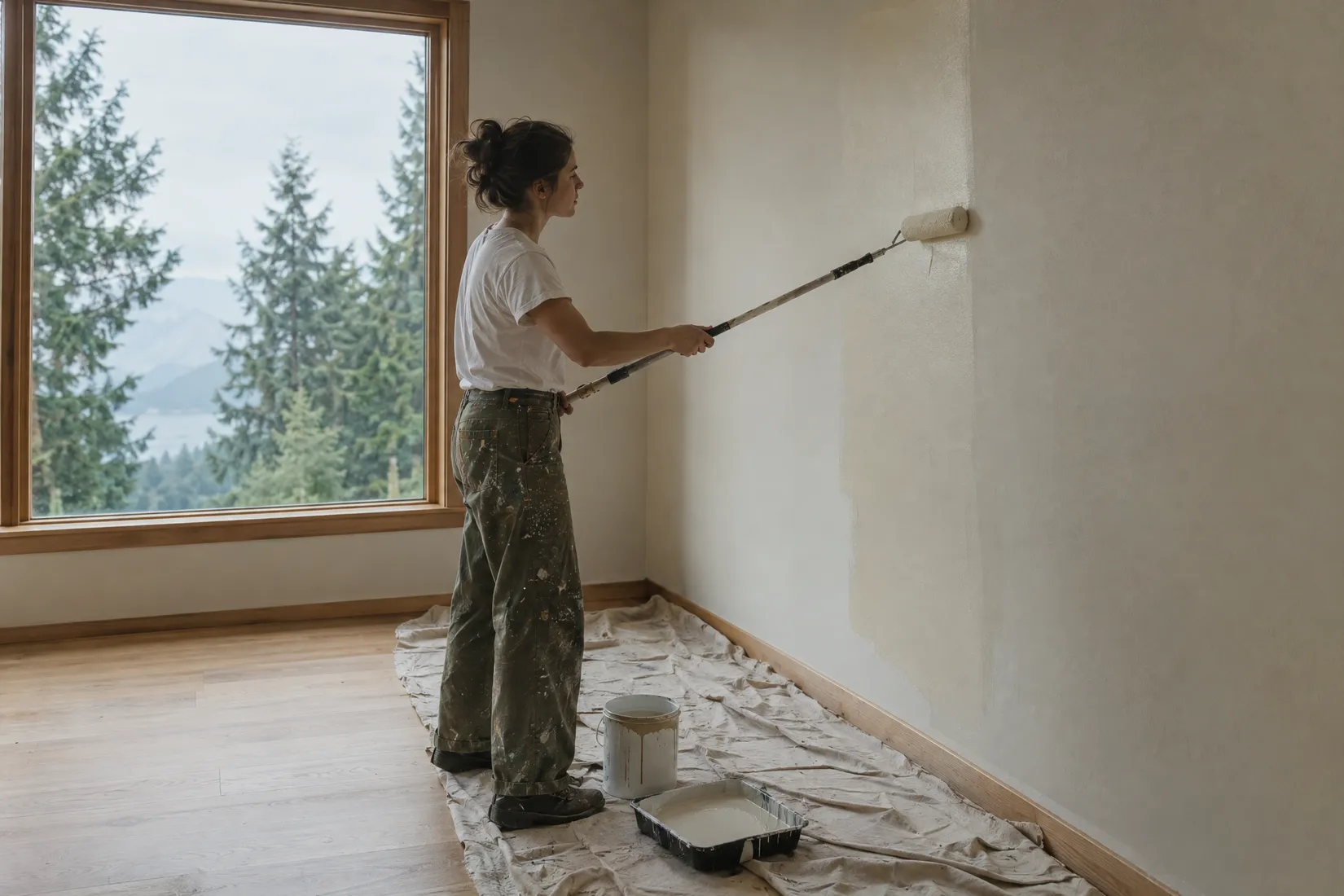 Painter rolling a fresh coat of paint onto the wall of an empty room