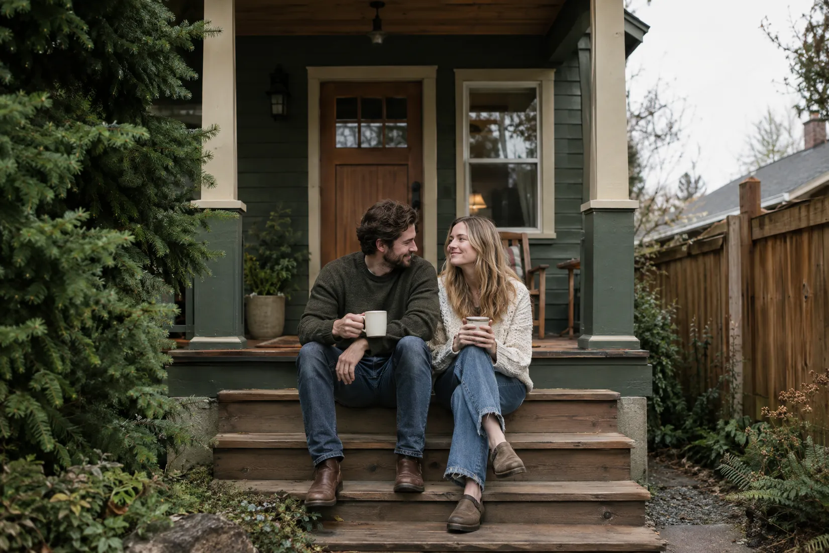 Young couple standing on the porch of a small craftsman house