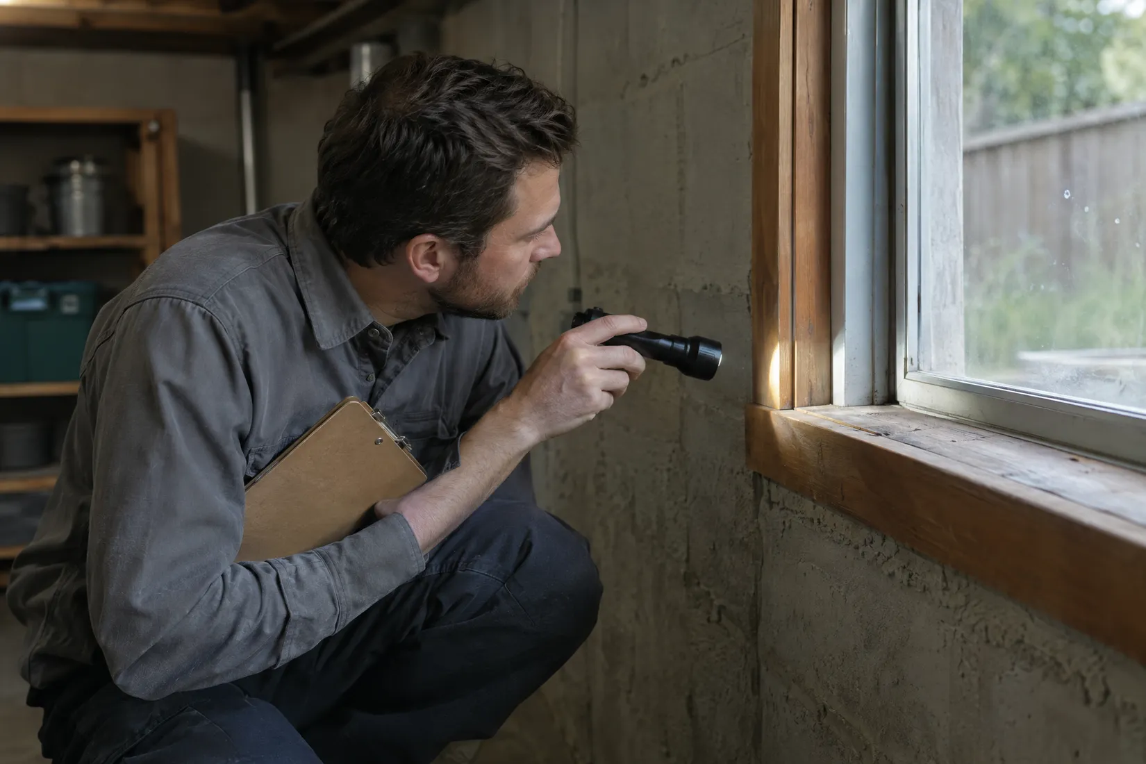 Home inspector with a flashlight checking the rafters of a bright attic