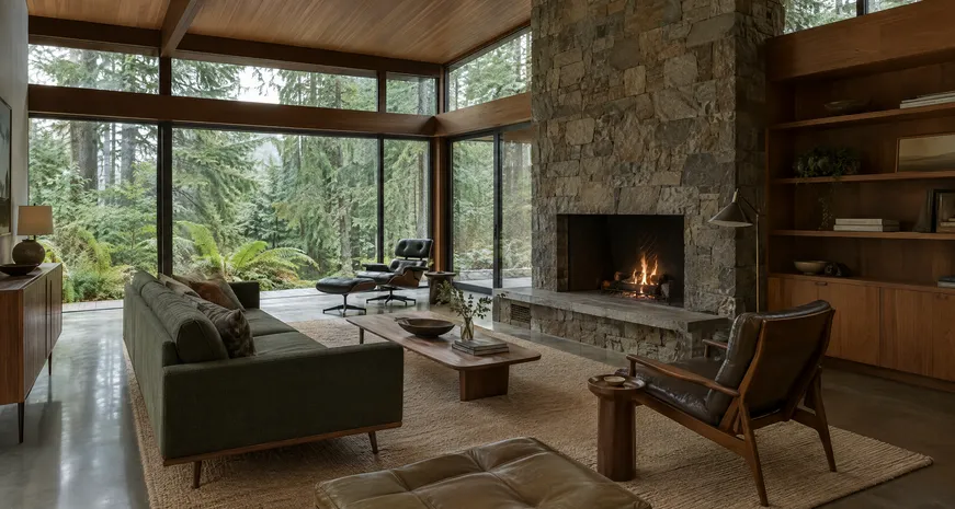 Open living room with a stone fireplace and mid-century furniture