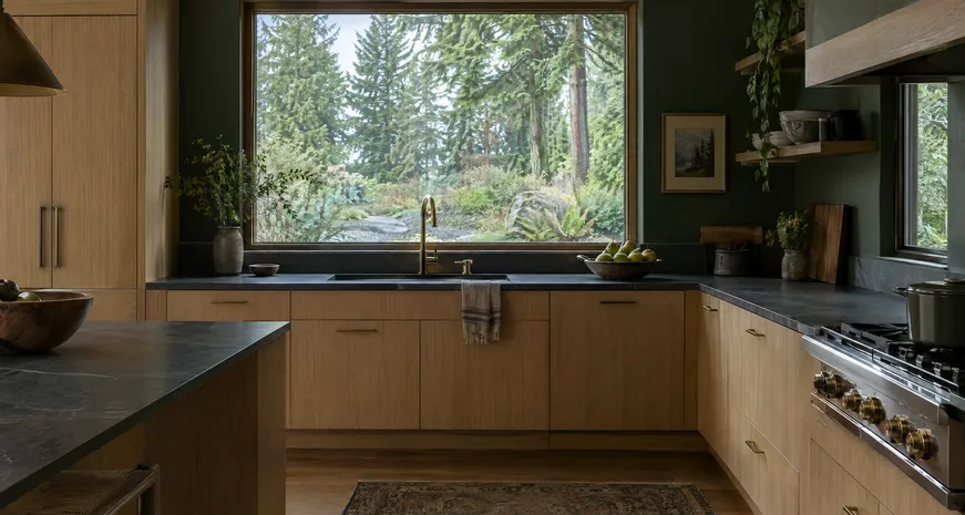 Kitchen with white oak cabinets, a long island and a view to the garden