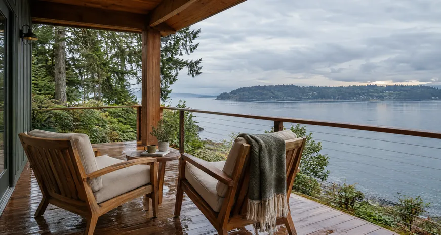 Covered deck looking out over Puget Sound toward the Olympic Mountains