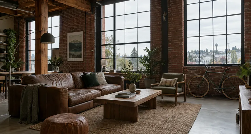 Loft living room with exposed timber beams and brick walls