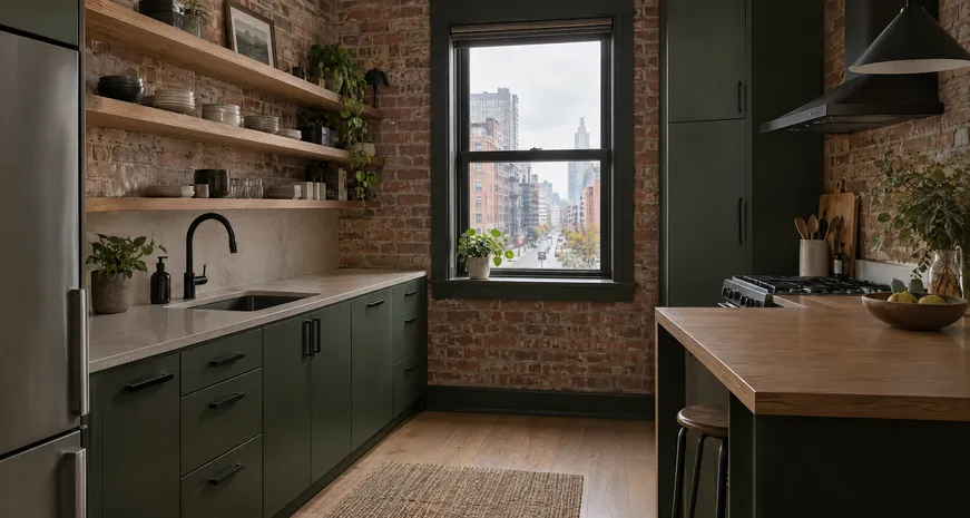 Compact kitchen with black fixtures and open shelving