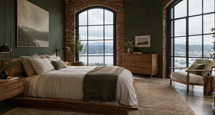 Bedroom with tall steel-framed windows and morning light