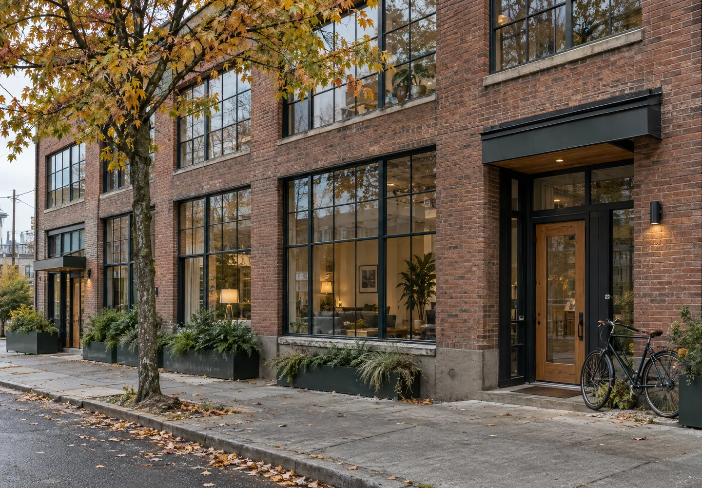 Brick warehouse-conversion loft exterior with tall steel-framed windows