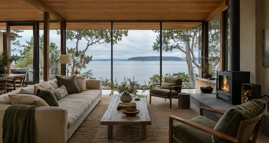 Living room with a wall of glass looking out to the water