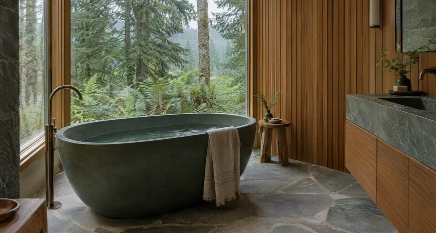 Bathroom with a deep soaking tub beside a window