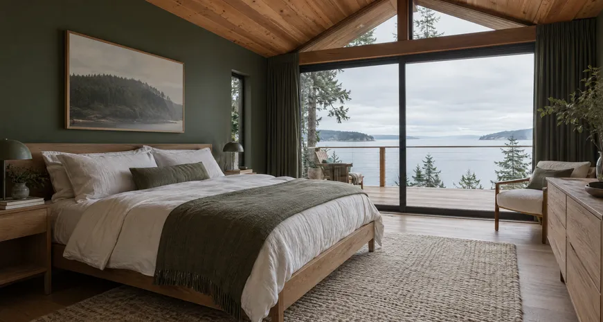 Bedroom with a cedar-plank ceiling and a view into the trees