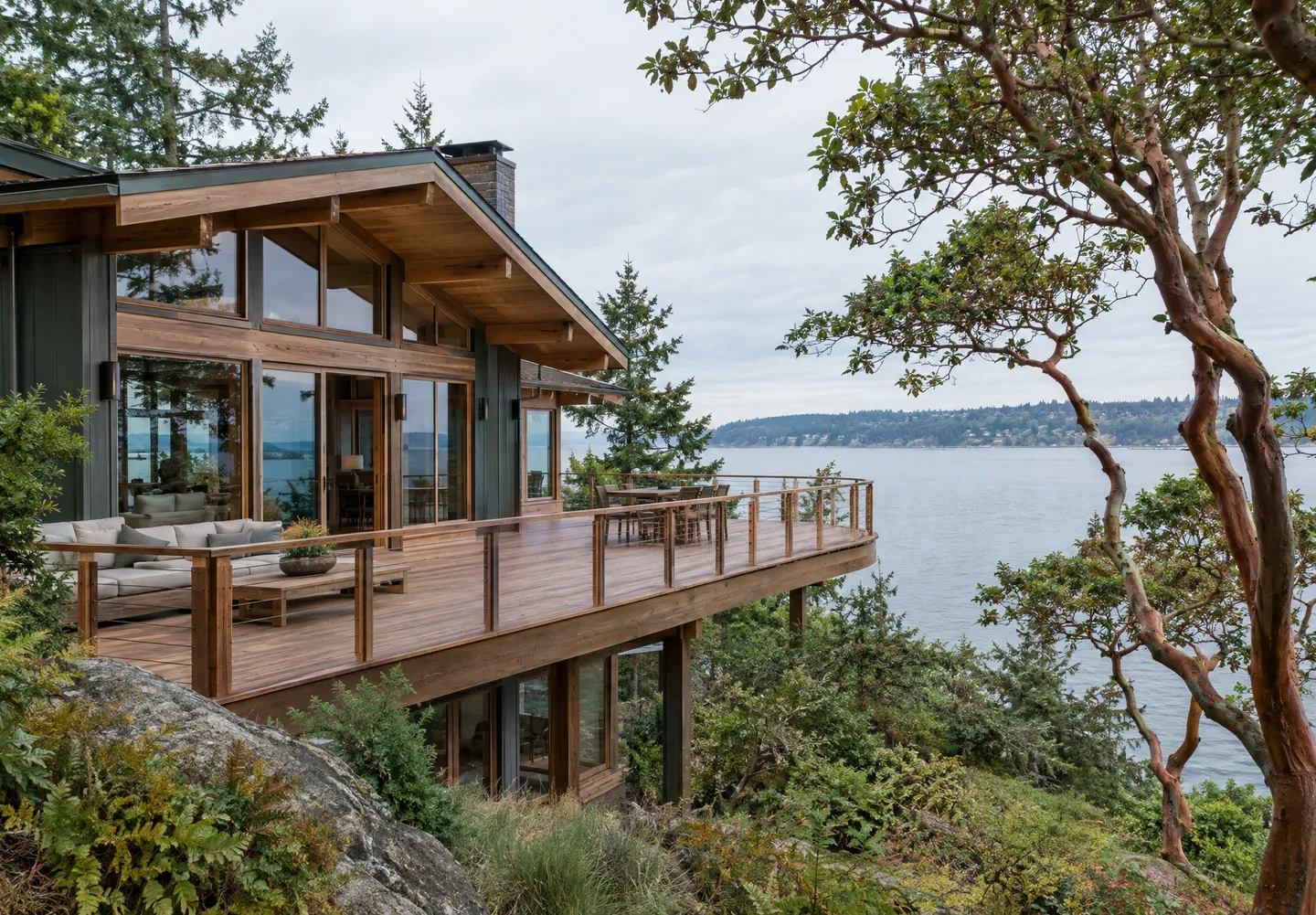 Island home on a bluff with a wraparound deck above Puget Sound