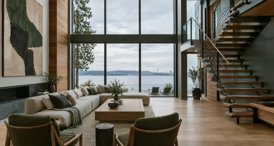 Double-height living space with full-height windows to the lake
