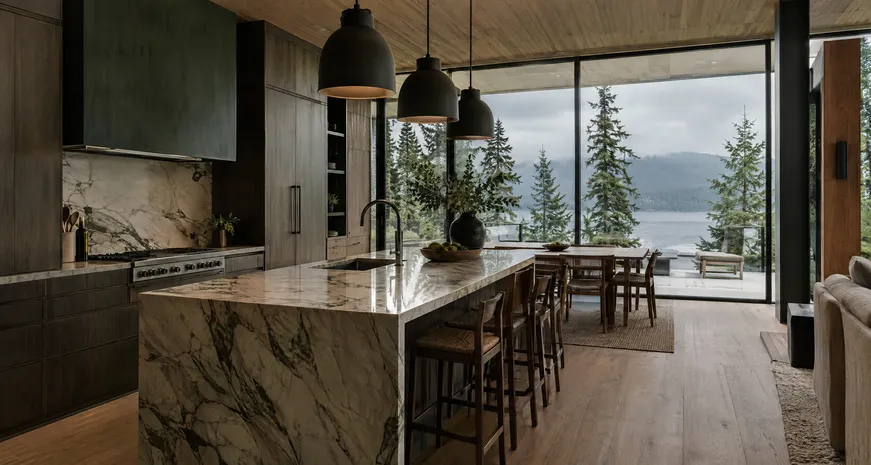 Kitchen island in white marble with pendant lighting