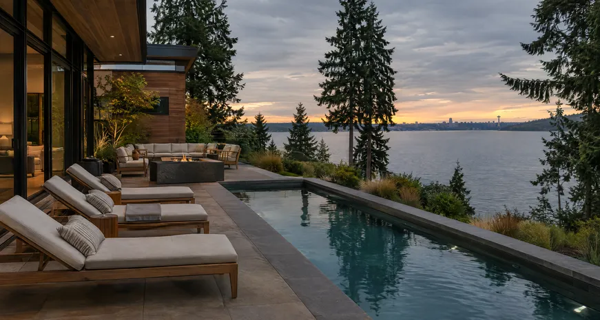Lakefront terrace with a pool looking across Lake Washington