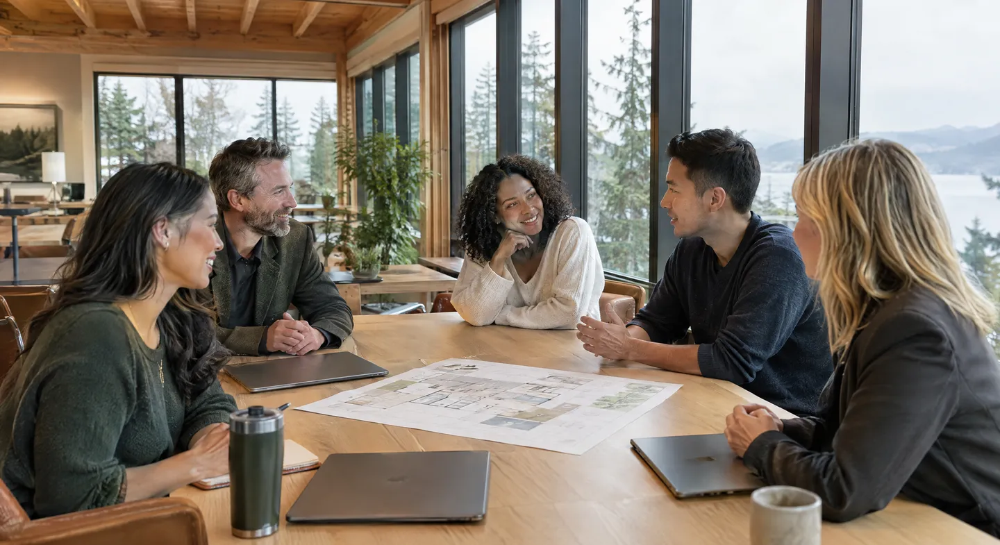 Two Renwick brokers reviewing a listing plan together at a table in the Seattle office