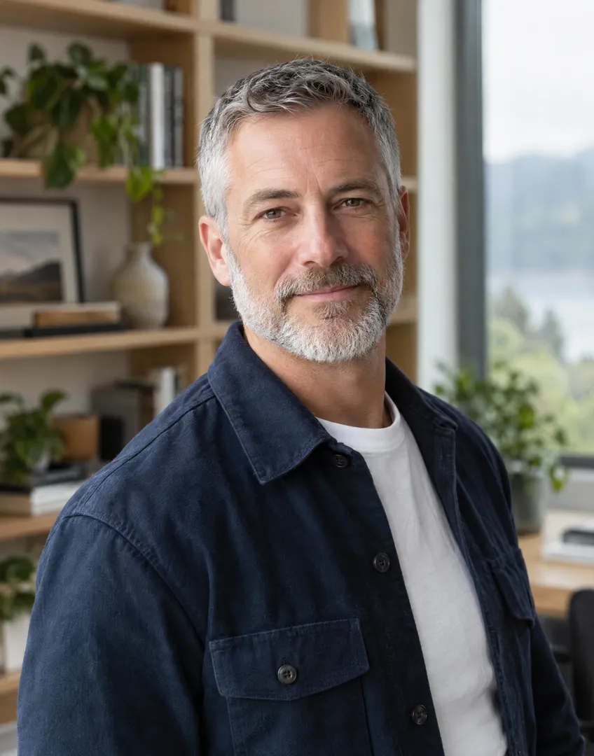 Daniel Renwick, Founding Broker at Renwick, a man in his 50s with a grey beard and navy overshirt in a bright office