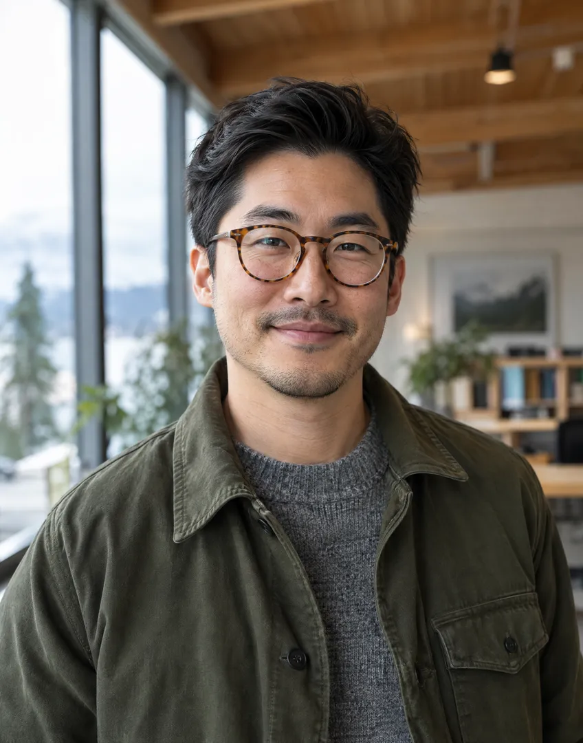 Owen Takahashi, Waterfront and Island Specialist at Renwick, a man in his 30s with glasses and an olive jacket