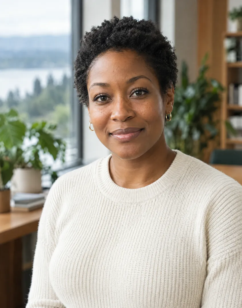 Leah Okoro, Buyer's Agent at Renwick, a woman in her 30s with short natural hair and a cream knit sweater