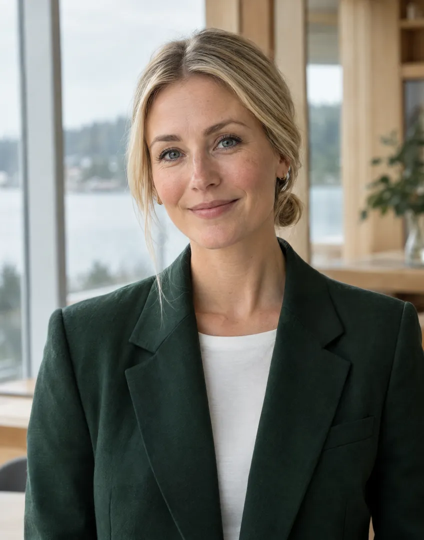 Sofia Lindqvist, Listing Specialist at Renwick, a woman in her 30s with blonde hair and a dark green blazer