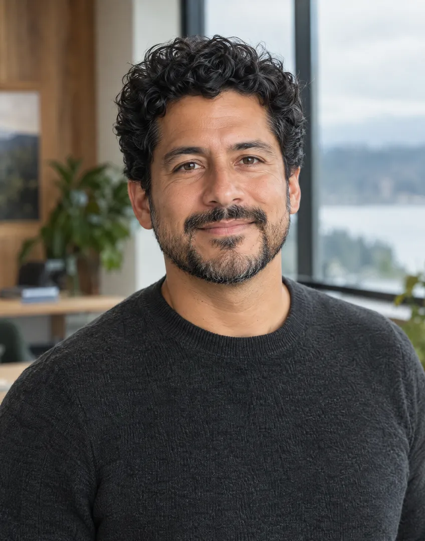 Caleb Moreno, Relocation Lead at Renwick, a man in his 40s with dark curly hair and a charcoal sweater