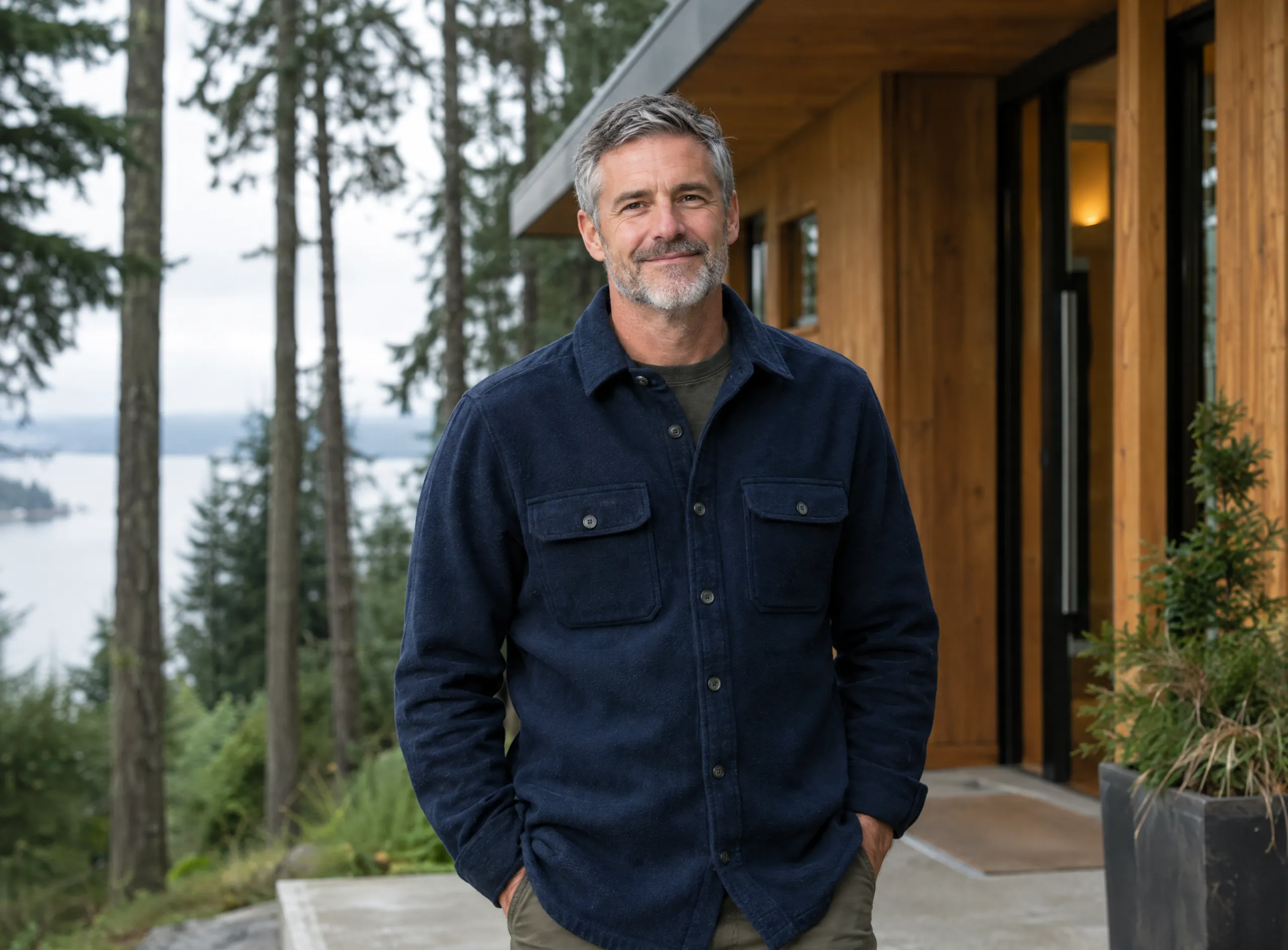Daniel Renwick, Founding Broker at Renwick, standing at the entrance of a modern cedar-clad home