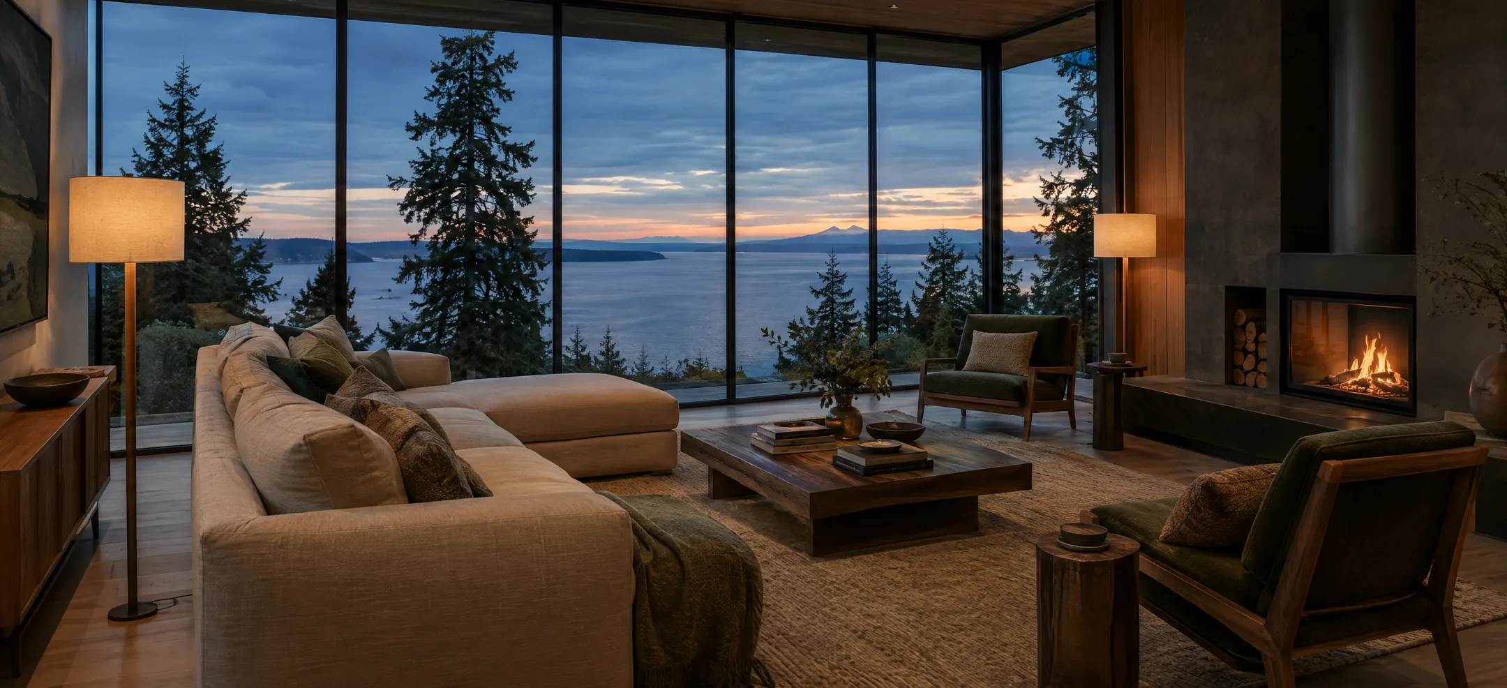Living room with a lounge chair and evening light over the water