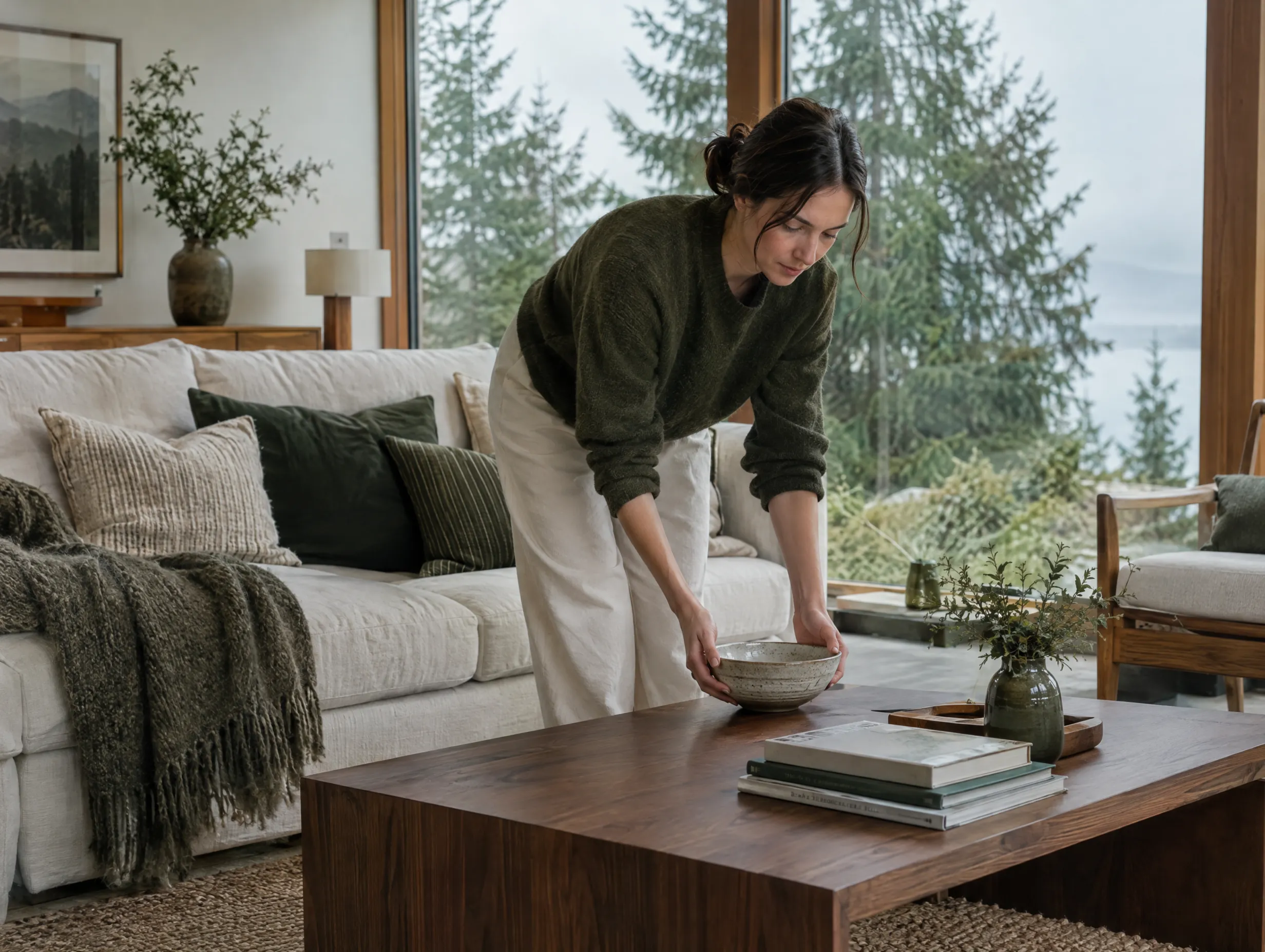 Staged living room with a linen sofa, walnut coffee table, and fir trees through the window
