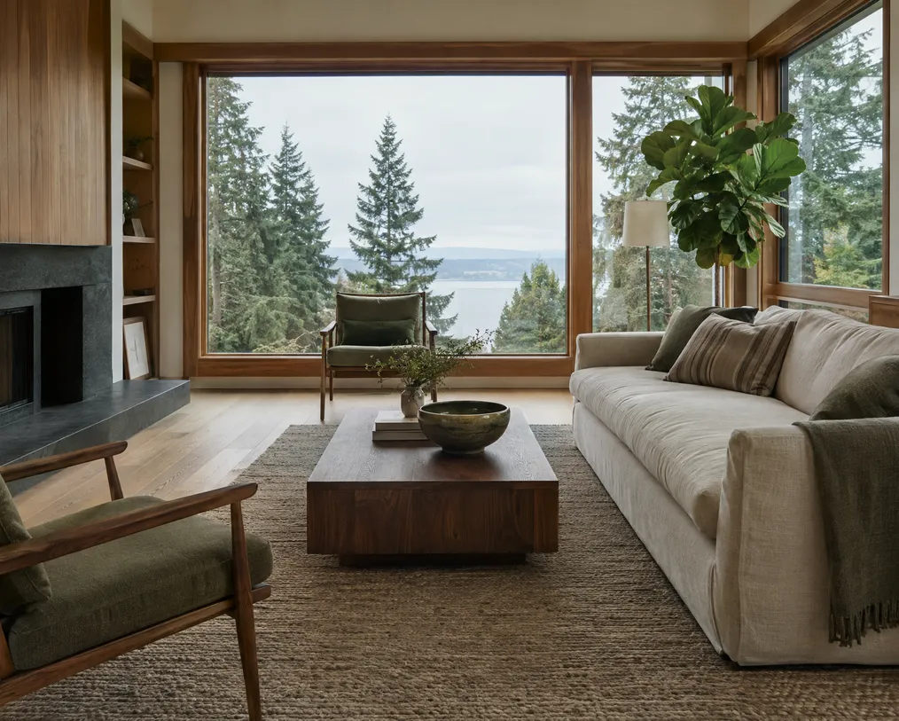 Staged living room with a sofa and armchair prepared for a Renwick listing